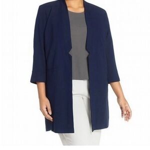 Eileen Fisher 100% Silk Georgette Crepe Long Blazer Navy XL